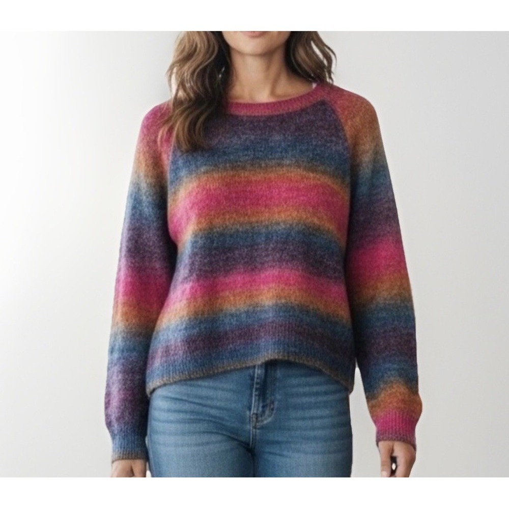 BB Dakota Ombre Fuzzy Woven Sweater Womens XXL Striped Rainbow Softcore Dopamine